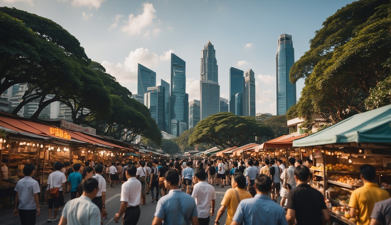 Busy Singapore street with colorful hawker stalls, bustling crowds, and iconic skyline in the background