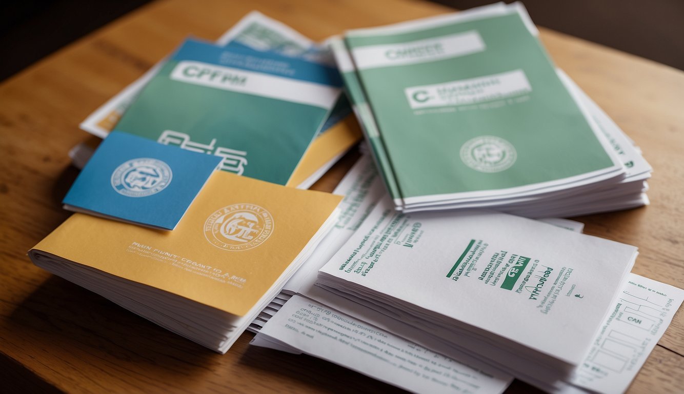 A stack of CPF grant forms and financial planning brochures, with a "HLE Approved" stamp, surrounded by happy symbols and dollar signs