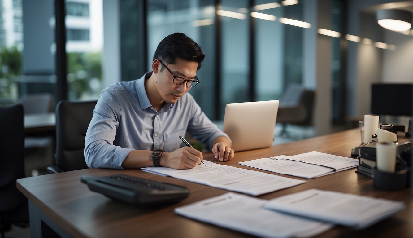 A person fills out forms, submits documents, and waits for approval from HLE in Singapore. Benefits include secure housing and financial stability
