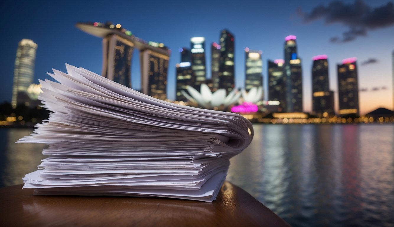 A stack of documents with "Eligibility Criteria" printed on top, set against a backdrop of Singapore landmarks
