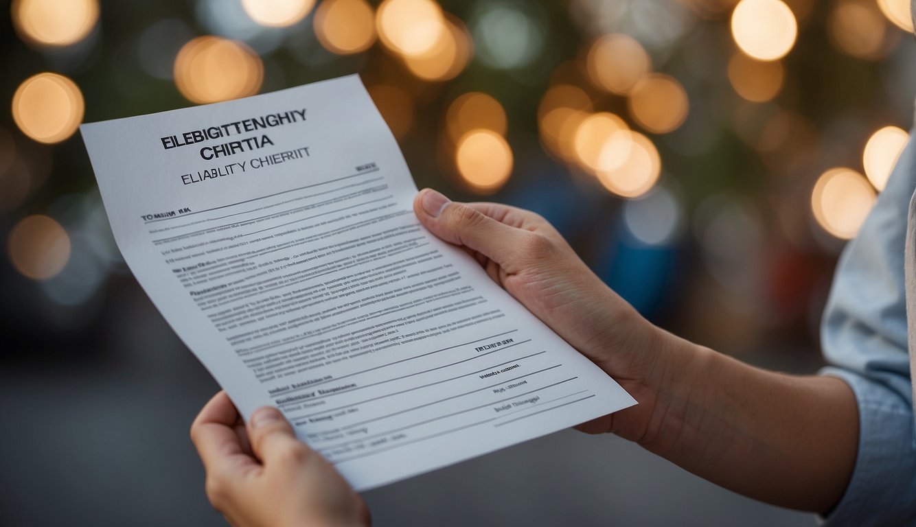 A person holding a document with "HLE eligibility criteria" written on it, surrounded by symbols representing benefits