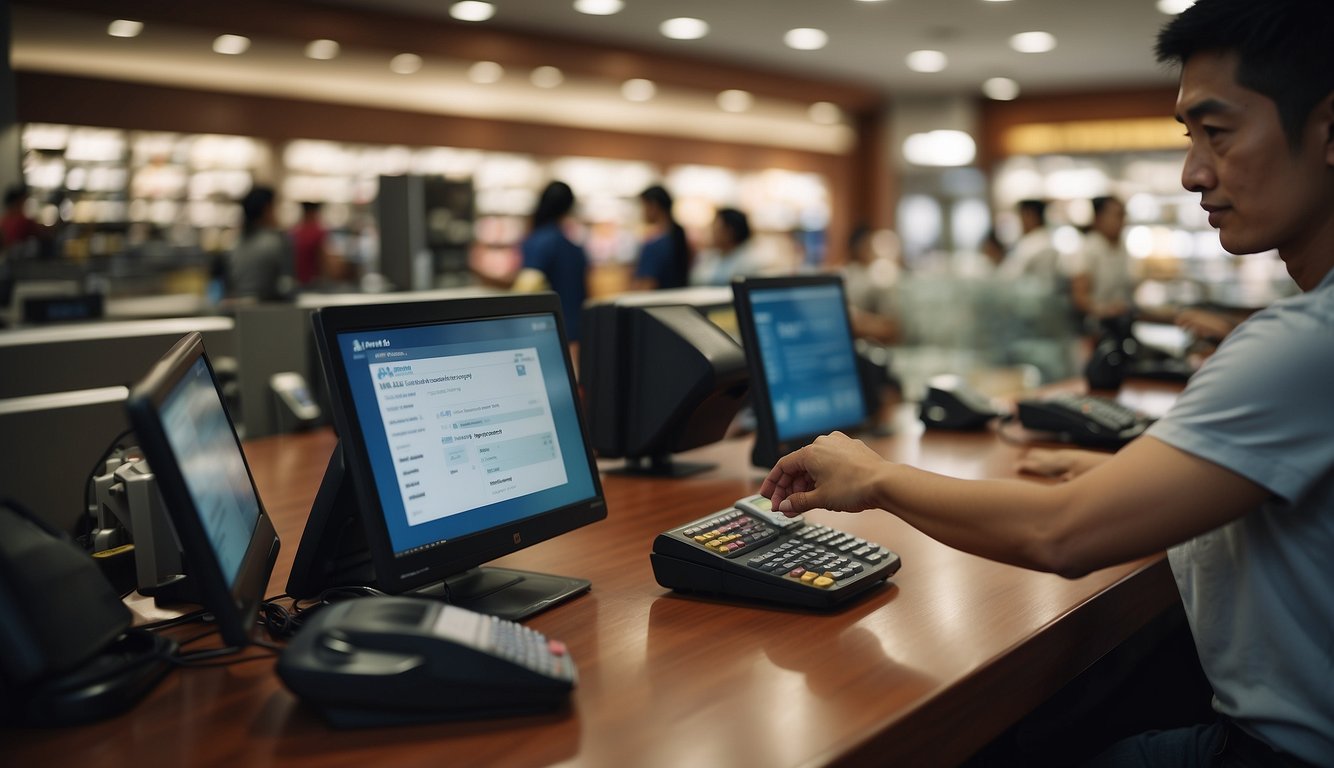 A customer hands over payment at a Singaporean store counter, while the cashier finalizes the purchase on the computer