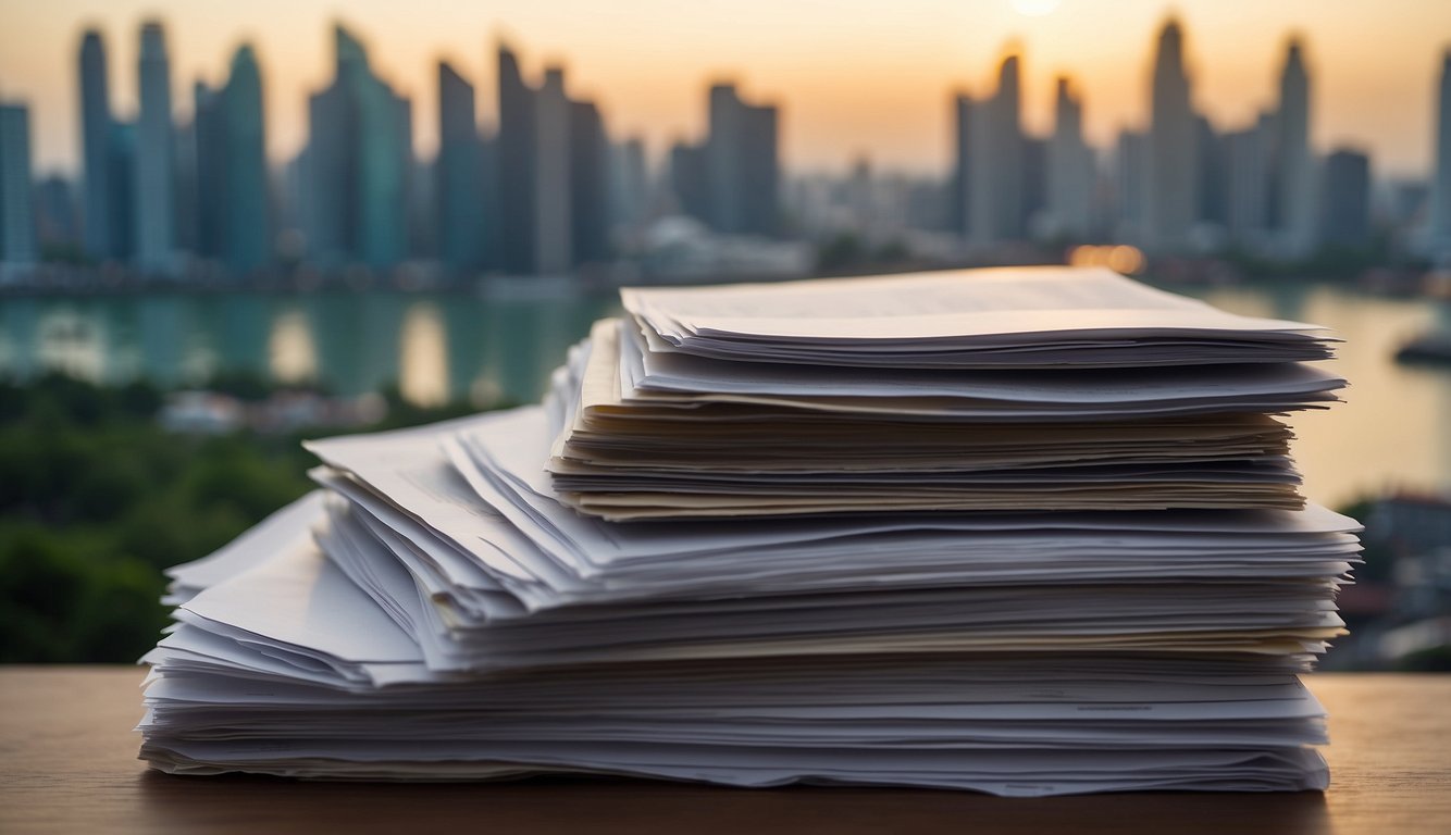 A stack of FAQ documents with a Singaporean skyline in the background