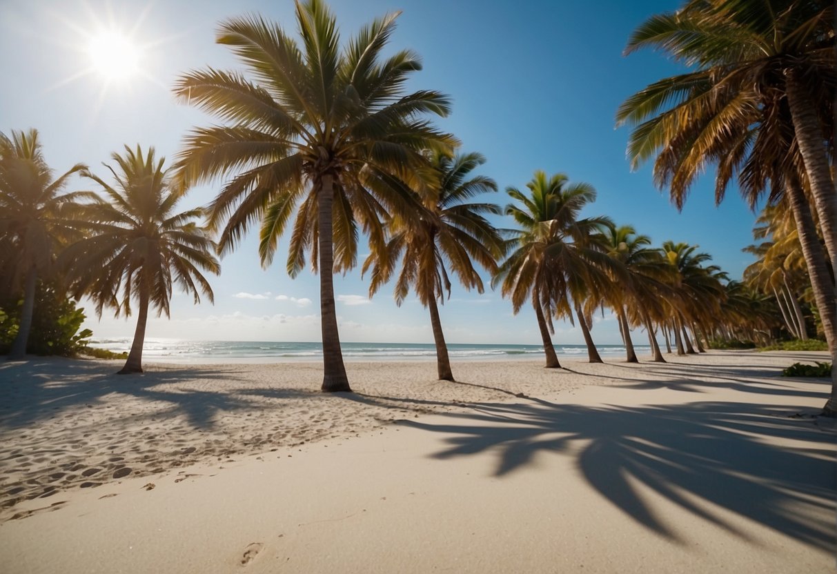 Sandy beaches line the Florida coast, open for driving. Palm trees sway under the bright sun, waves crash along the shore