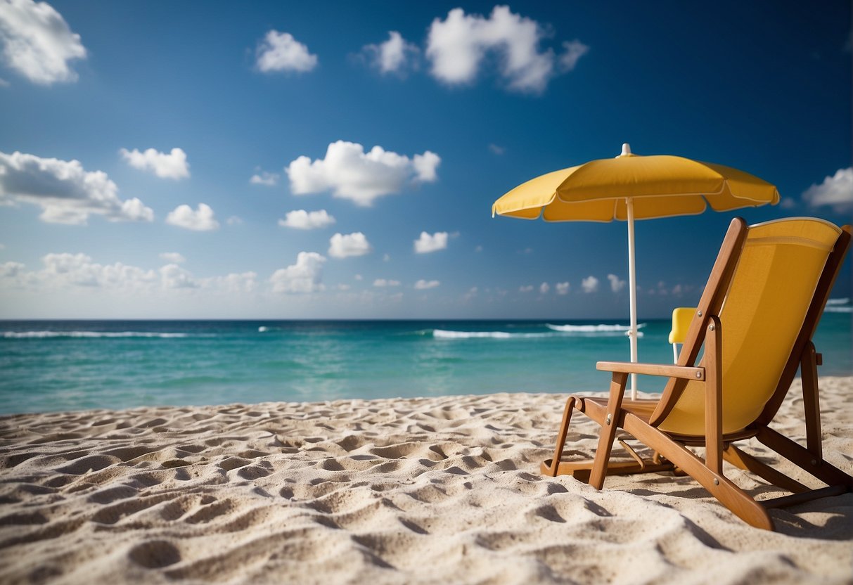 beach chairs umbrellas and a lifeguard stand all set against a backdrop of clear blue skies and the sparkling ocean
