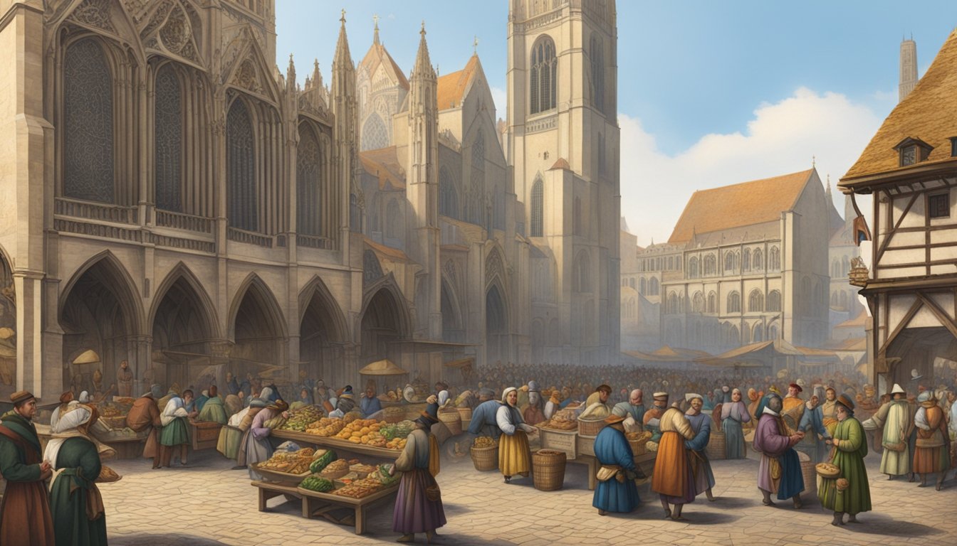 A bustling market square in 1555 with merchants selling goods, people in traditional clothing, and a grand cathedral in the background