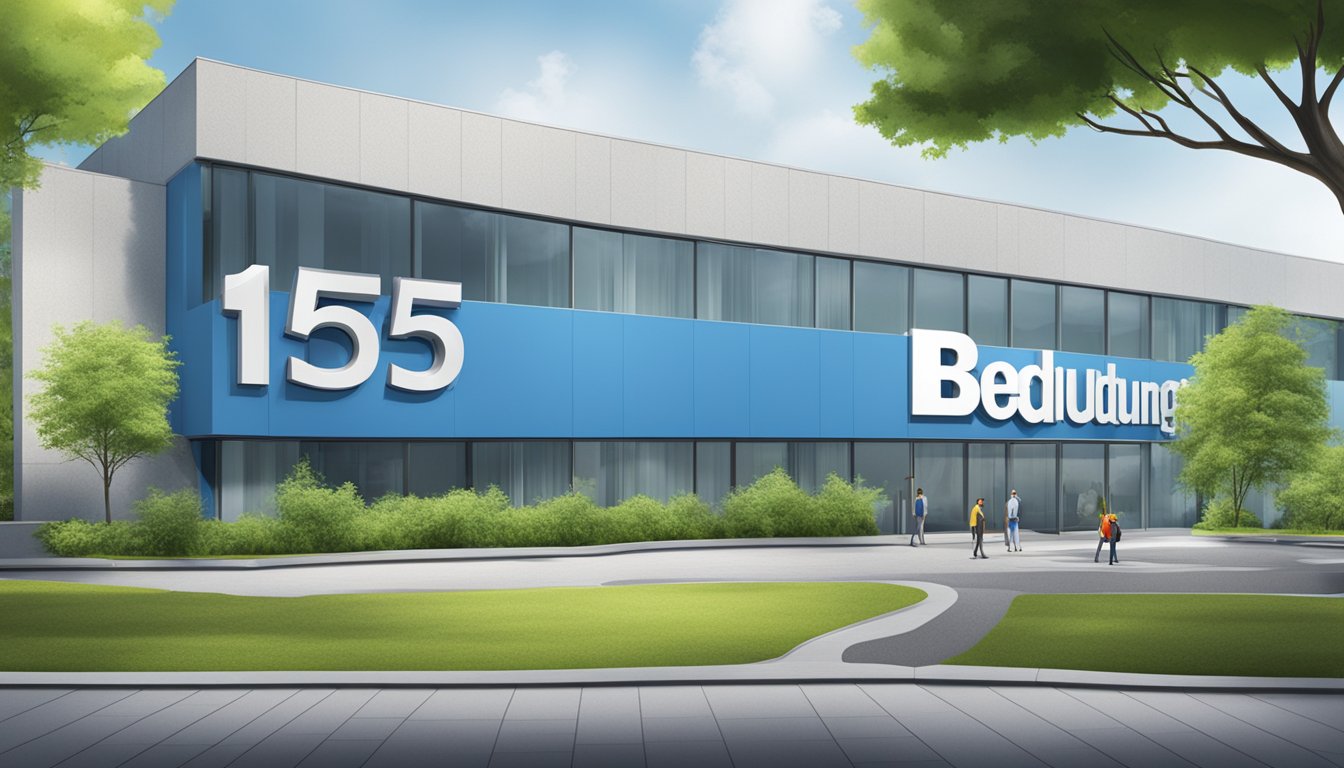 A large, bold "1555 Bedeutung" sign stands out against a clean, modern background