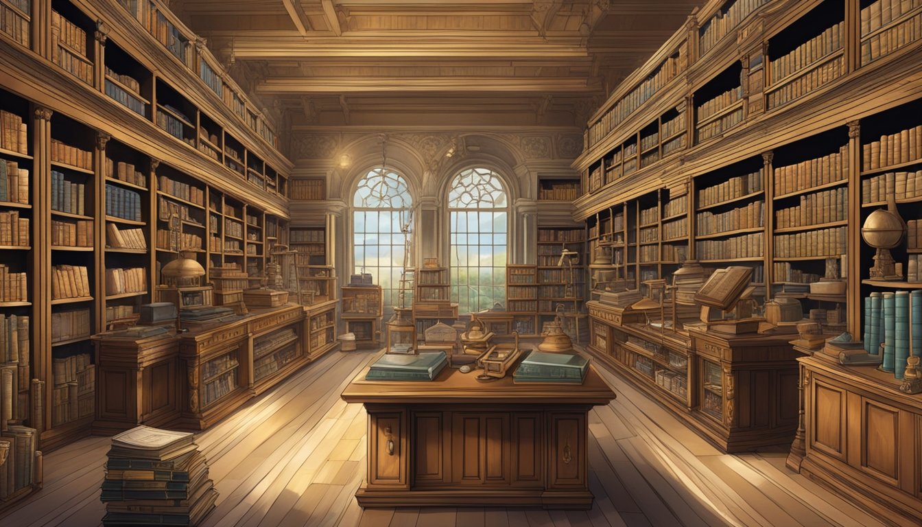 A grand library with shelves filled with ancient texts and scientific instruments, surrounded by historical artifacts and cultural relics