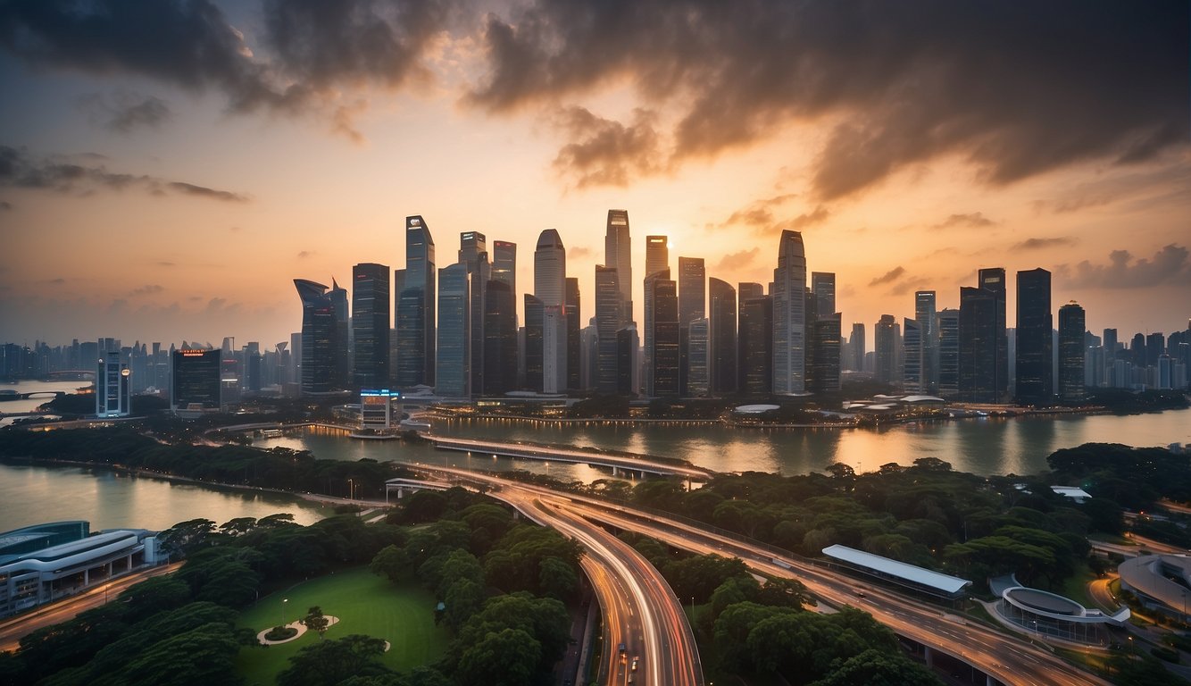 A bustling city skyline with a prominent "Rapid Credit Singapore" sign, showcasing the benefits of their services through visual representations of financial growth and stability