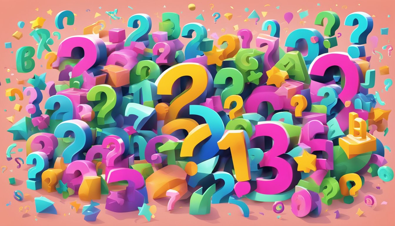 A large sign with "Frequently Asked Questions 243 Bedeutung" in bold letters, surrounded by various question marks and symbols, against a vibrant background
