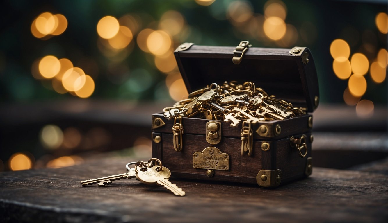 A hand holding a key unlocks a treasure chest overflowing with benefits and perks, symbolizing the advantages of rapid credit in Singapore