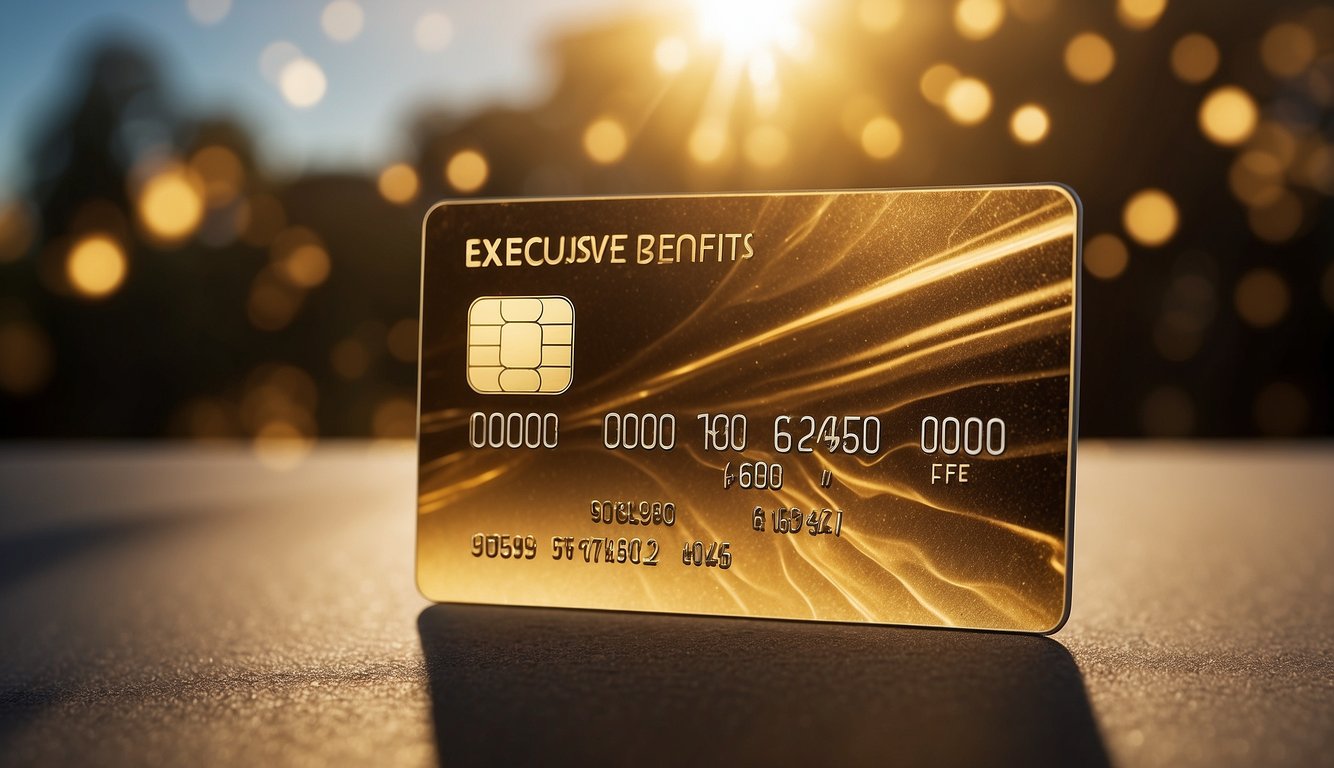 A gleaming credit card surrounded by golden rays, with words "Exclusive Benefits for Cardholders" in bold letters
