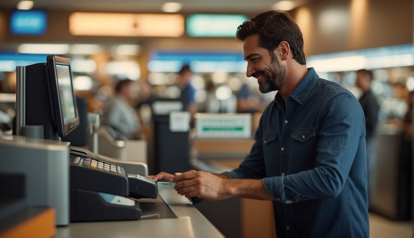 A person swiping a credit card at a checkout counter, with a smile on their face. The card is being used efficiently, with benefits highlighted