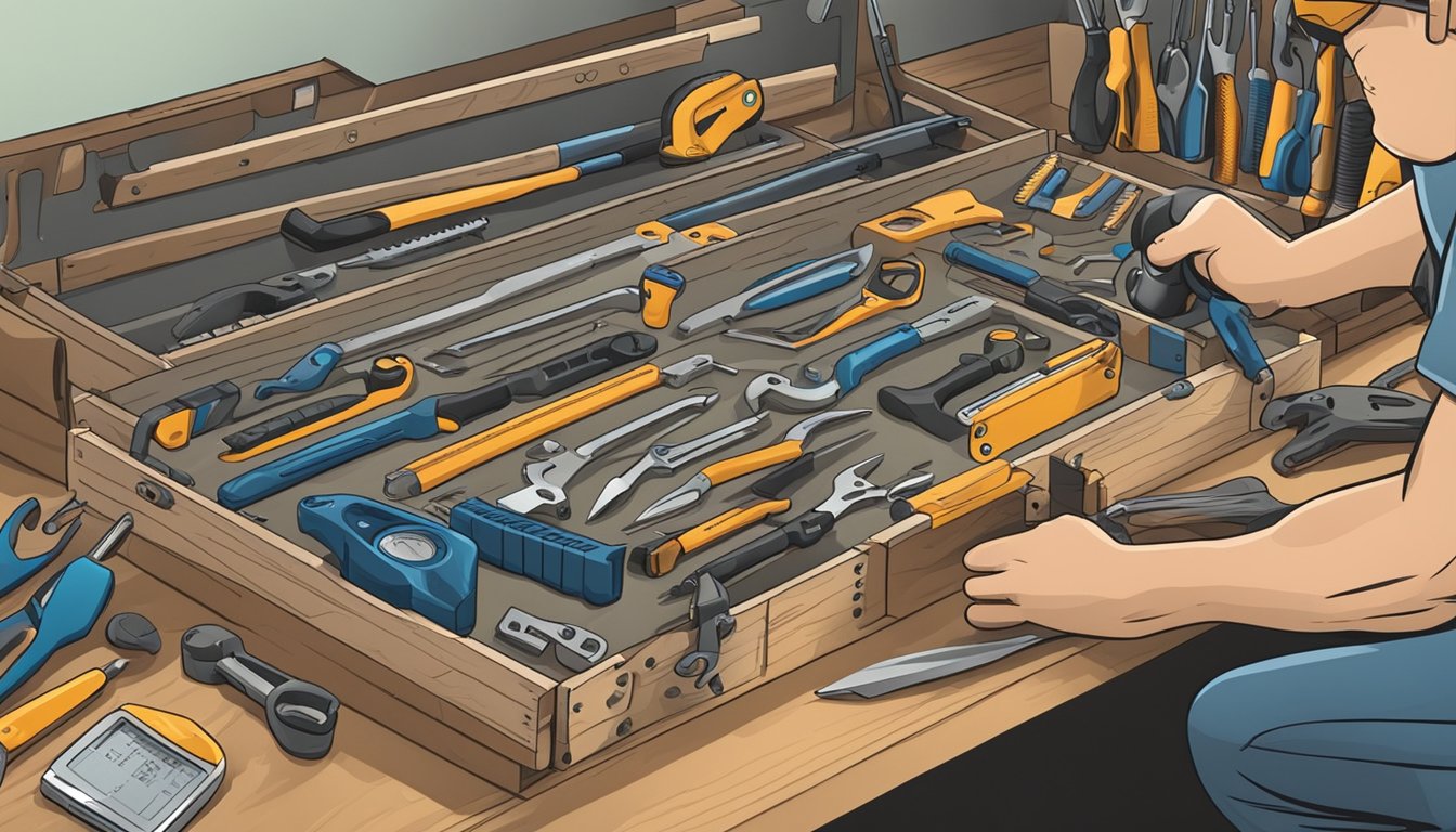 A hand reaching for a toolbox labeled "447 447" with various tools scattered around on a workbench