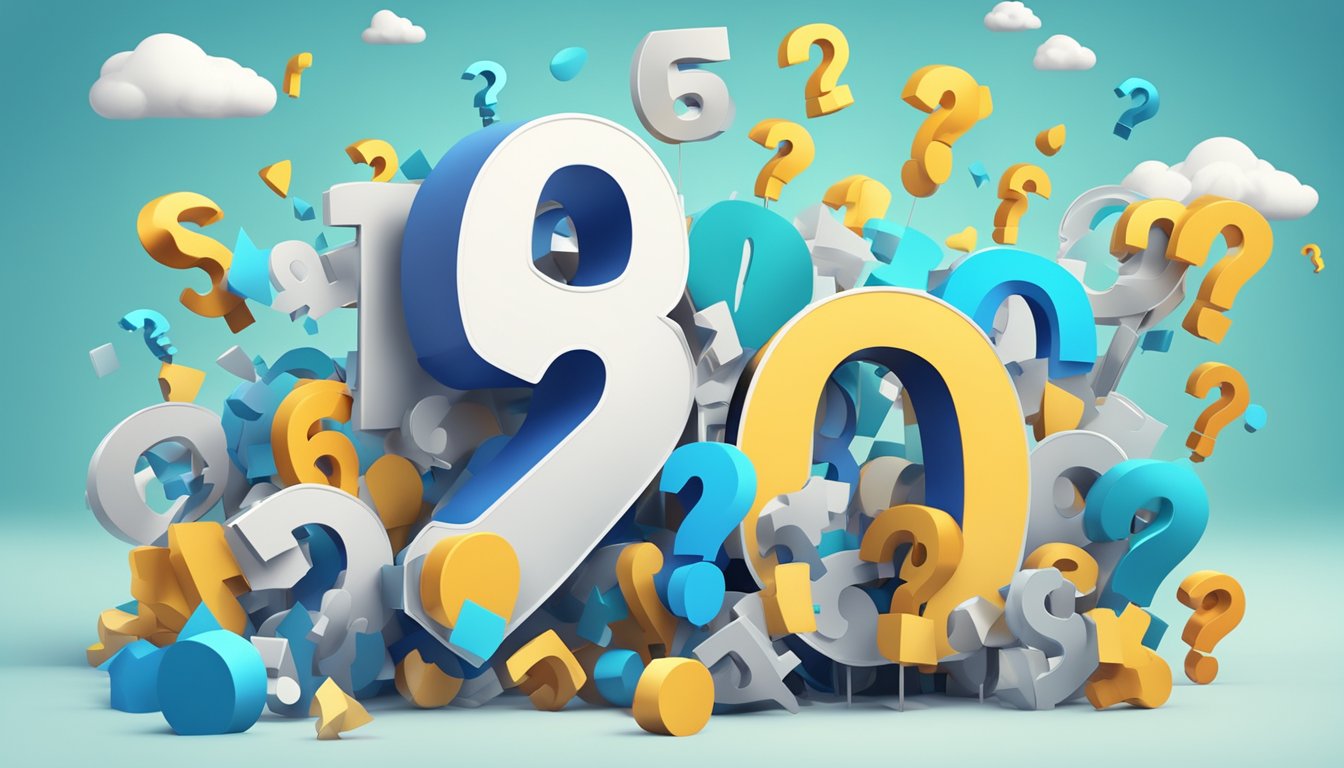 A large "FAQ 619" sign stands against a bright background, with various question marks scattered around it