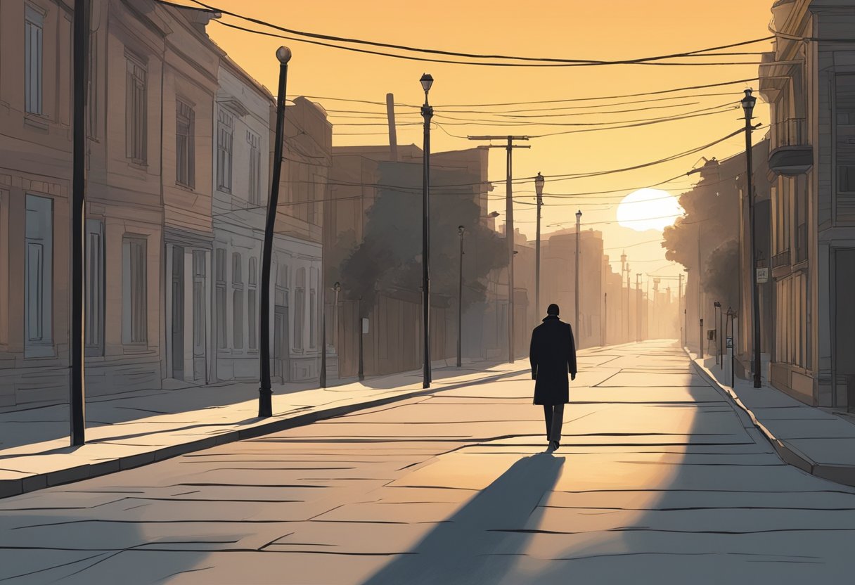 A fading sunset casts long shadows on a deserted street, with a lone figure walking away in the distance