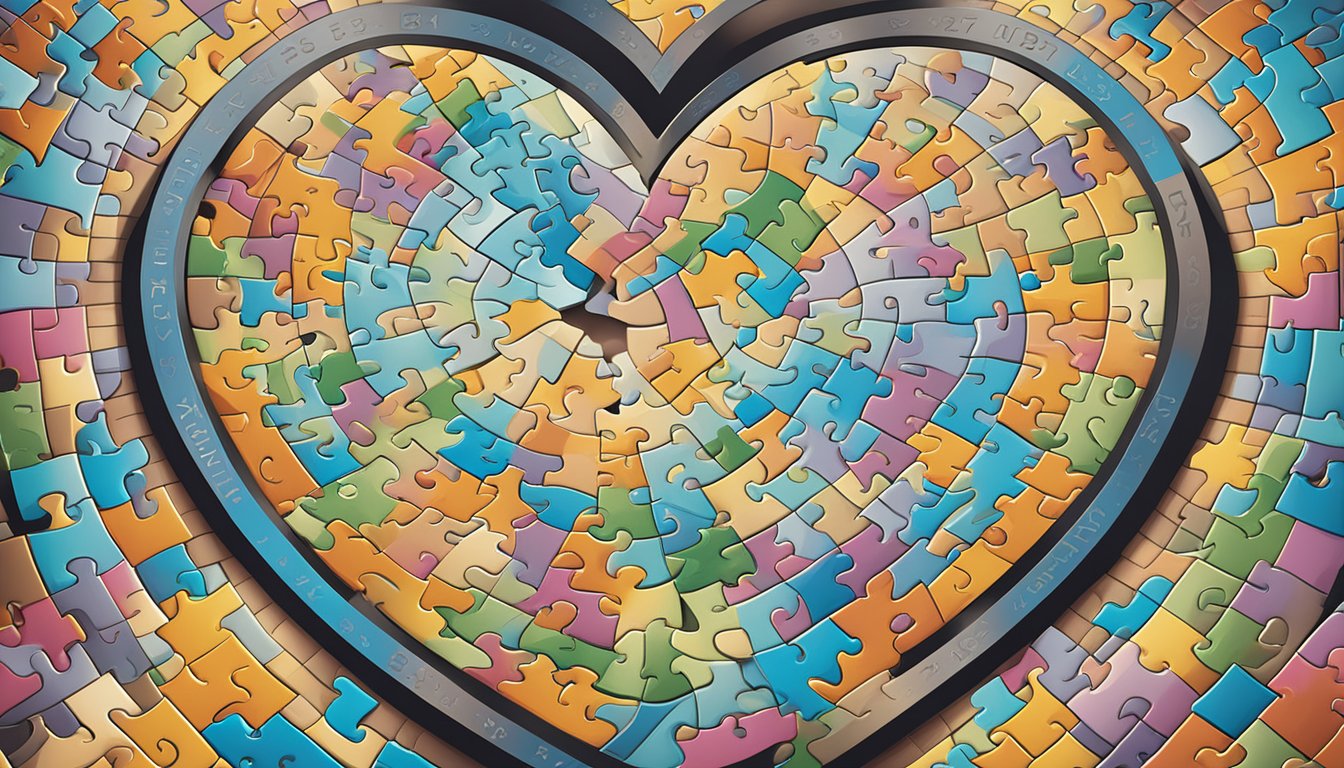A heart-shaped puzzle with "8787 in Liebe und Beziehungen 8787 Bedeutung" engraved on it
