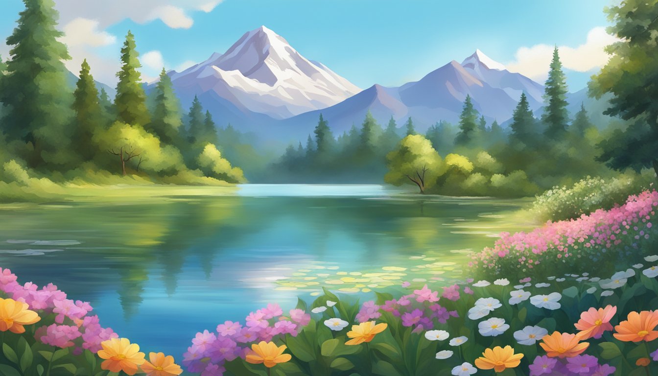A serene mountain peak overlooks a tranquil lake, surrounded by lush greenery and colorful flowers, under a clear blue sky