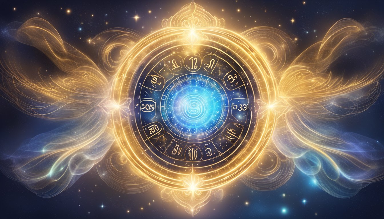 A glowing number "9393" surrounded by celestial symbols and energy waves, representing the universal energies of angel numbers
