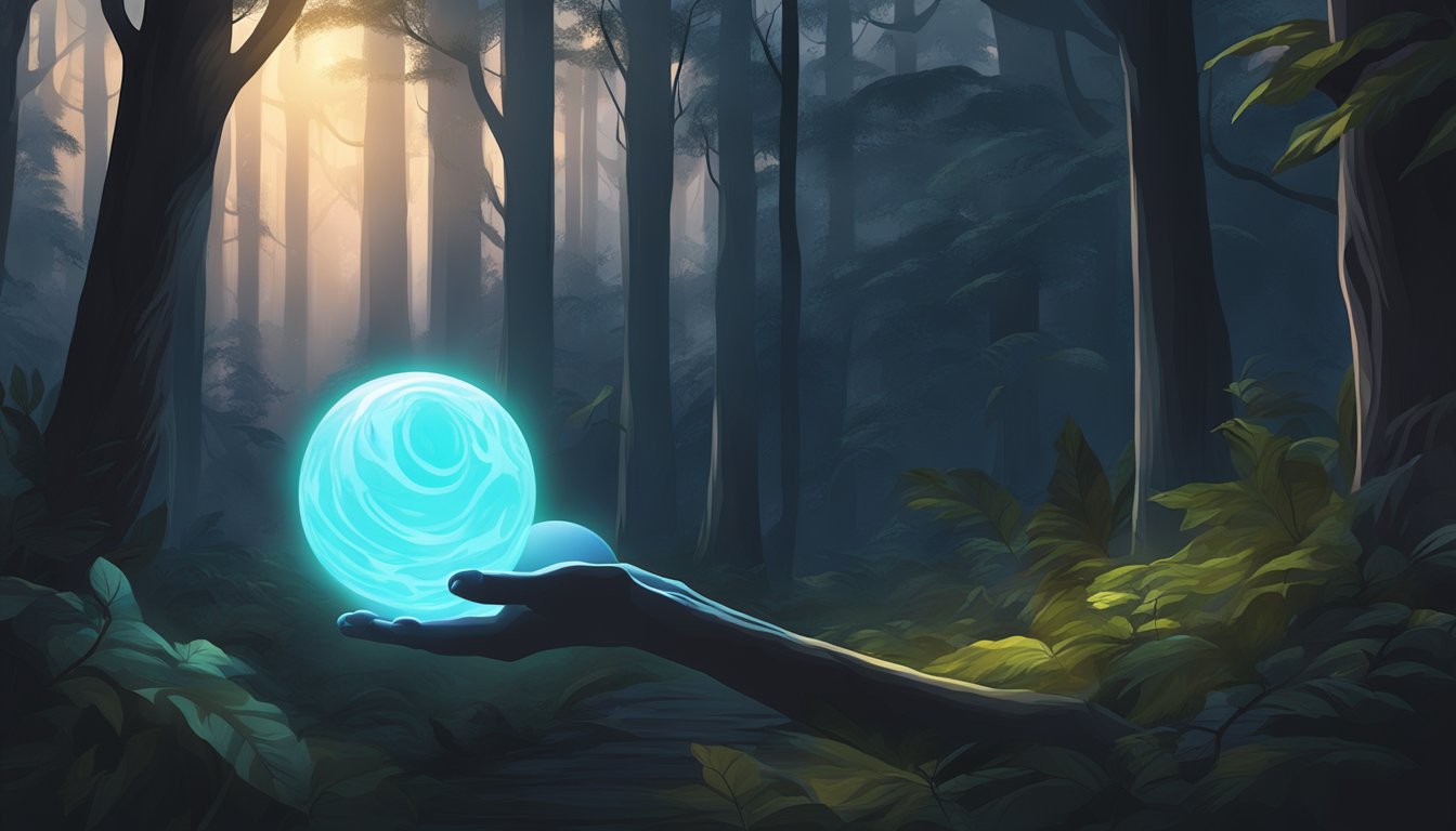 A hand reaching for a glowing orb in a dark, mystical forest