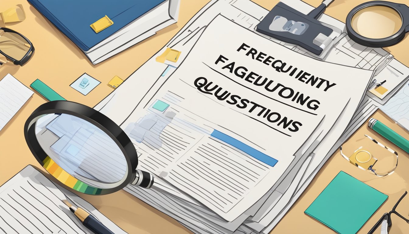 A stack of paper with "Frequently Asked Questions 1141 Bedeutung" printed on top, surrounded by question marks and a magnifying glass