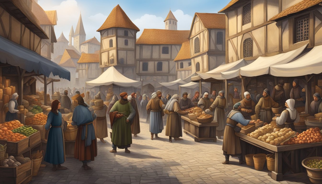 A bustling medieval marketplace with merchants selling goods and people socializing, depicting the cultural and societal significance of the year 1151