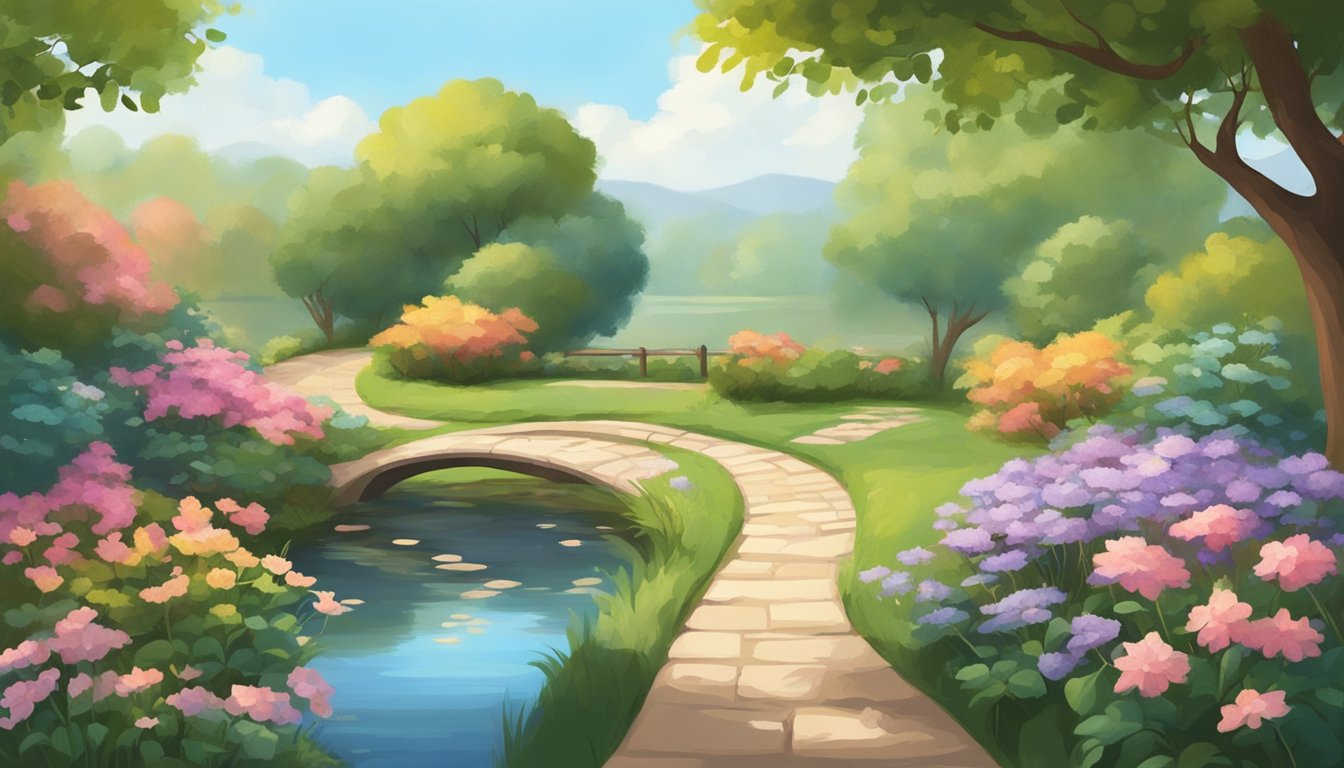 A serene garden with blooming flowers and a winding path leading to a tranquil pond.</p><p>A gentle breeze rustles the leaves of the surrounding trees