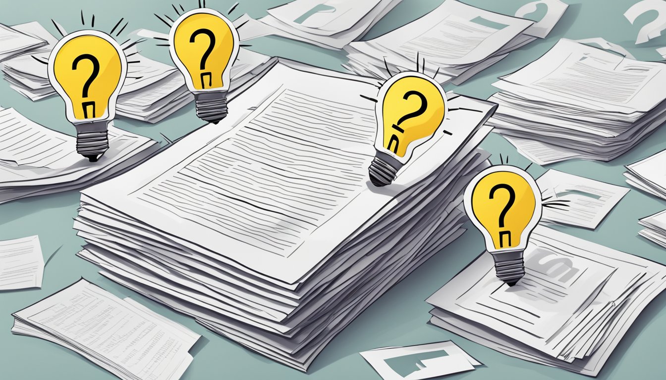 A stack of papers with "Frequently Asked Questions 127 Bedeutung" printed on top, surrounded by question marks and a lightbulb symbol