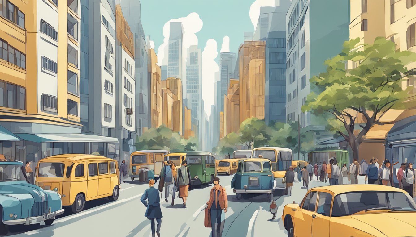 A busy city street with people going about their daily routines, with buildings and cars in the background, representing the concept of "everyday life" or "routine."