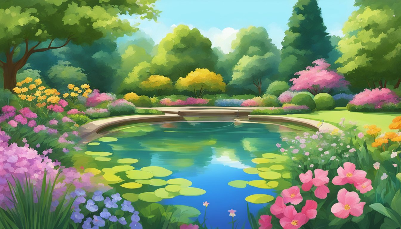 A vibrant garden with blooming flowers and lush greenery, surrounded by a tranquil pond and a clear blue sky above