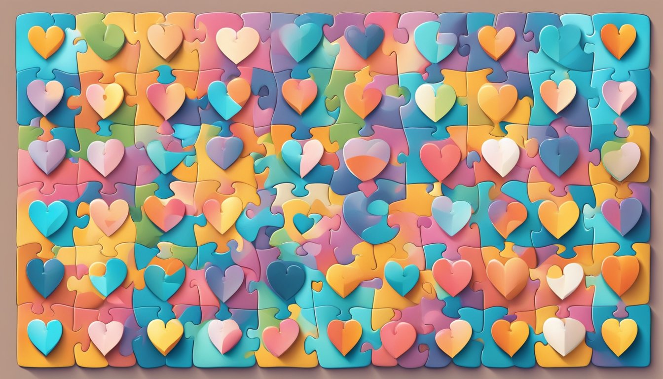 A heart-shaped puzzle with interlocking pieces, surrounded by symbols of love and connection