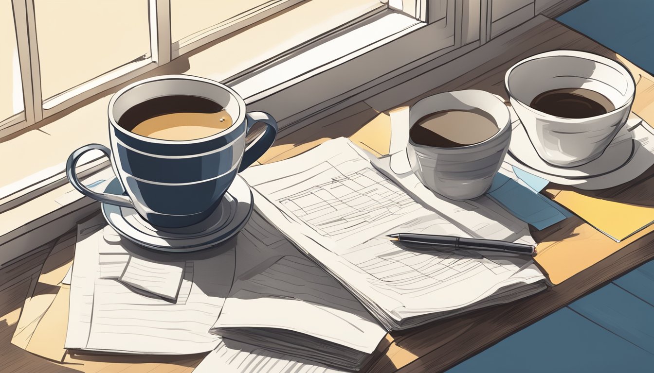 A cluttered desk with a notebook, pen, and a cup of coffee.</p><p>A window with sunlight streaming in, casting shadows on the papers