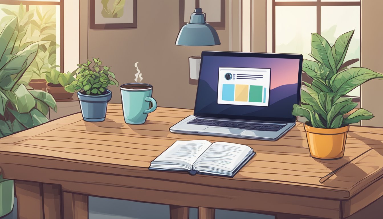 A book with "Frequently Asked Questions 1012 Bedeutung" on the cover sits on a wooden desk, surrounded by a cup of coffee, a potted plant, and a laptop