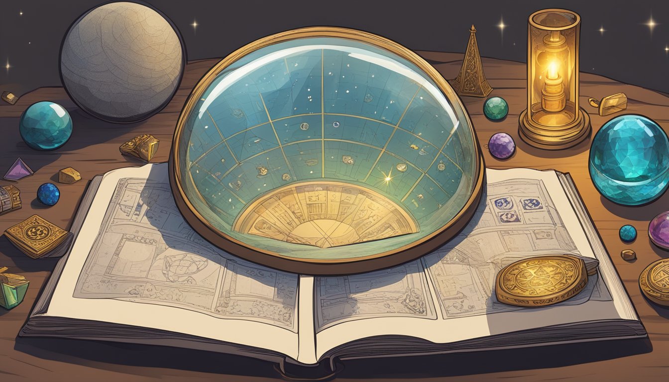 A table with a book open to page 1020, surrounded by symbolic objects like a crystal ball, tarot cards, and a numerology chart