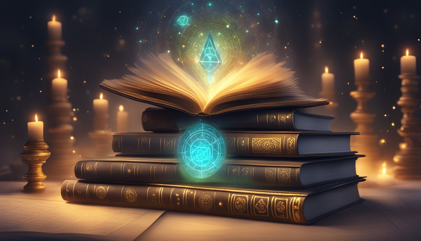 A stack of ancient-looking books open to page 124, surrounded by mystical symbols and a glowing aura