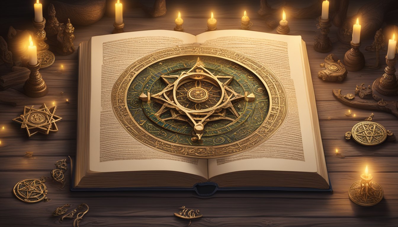 A mystical book with the title "Numerologische Einblicke 1243 Bedeutung" lies open on a wooden table, surrounded by ancient symbols and glowing with otherworldly light
