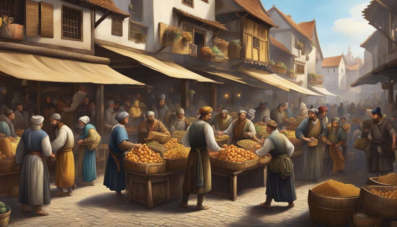 A bustling 1551 marketplace, filled with merchants and customers, exchanging goods and haggling over prices.</p><p>The scene is alive with energy and activity