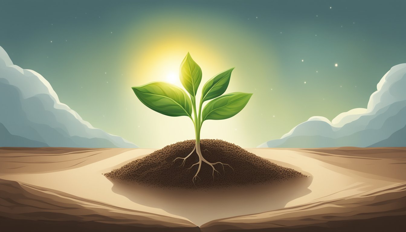A seed sprouting from the earth, reaching towards the sun, symbolizing personal growth and meaning