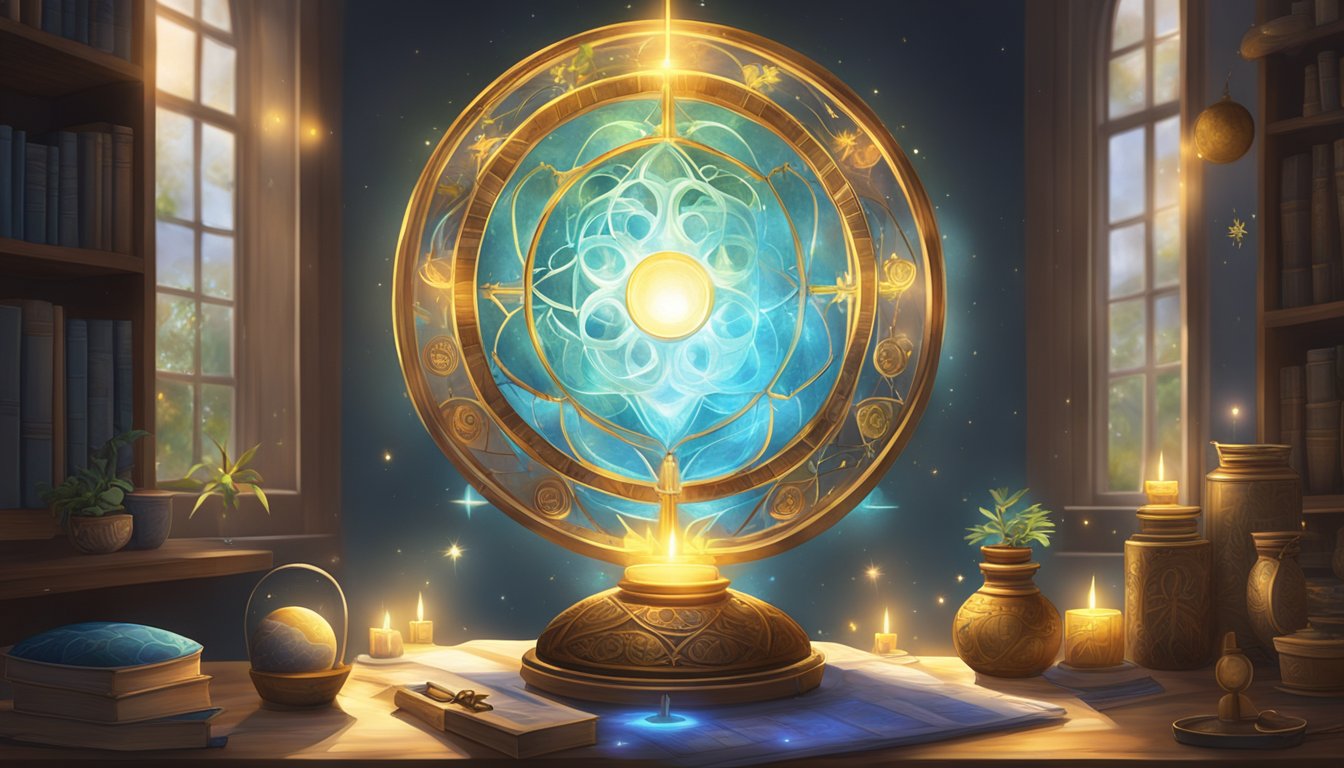 A glowing orb hovers above a sacred symbol, surrounded by tools and offerings.</p><p>Light streams in through a window, illuminating the spiritual and practical elements of 4422 4422