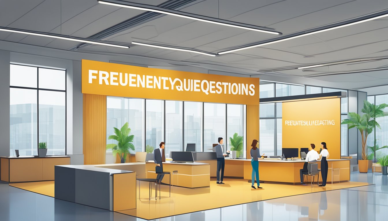 A large, bold "Frequently Asked Questions 53 Bedeutung" sign hanging above a bustling information desk in a modern, well-lit office lobby