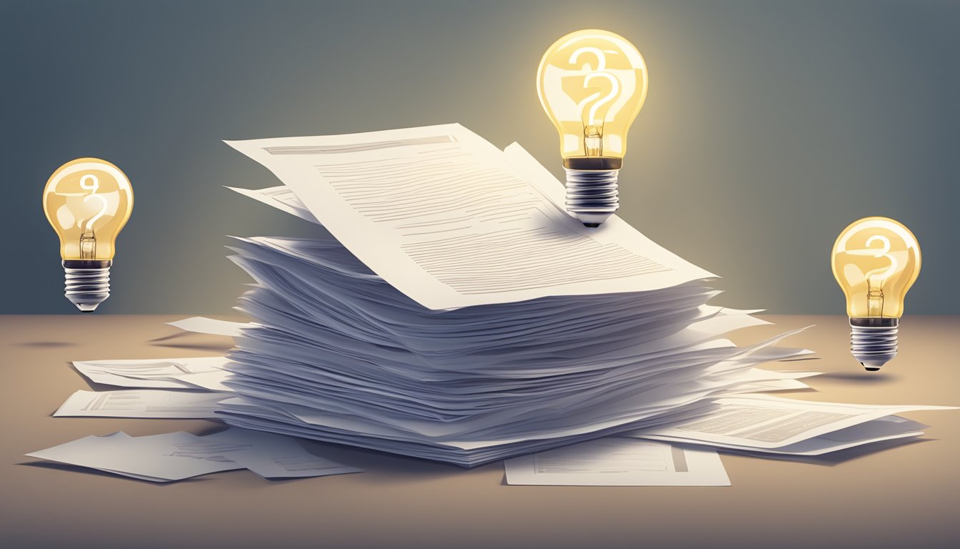 A stack of papers with "Frequently Asked Questions 639 Bedeutung" printed on top, surrounded by question marks and a lightbulb symbol
