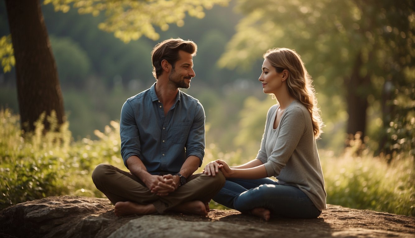 A couple sits cross-legged facing each other, eyes closed, surrounded by nature. They hold hands as they practice mindfulness together