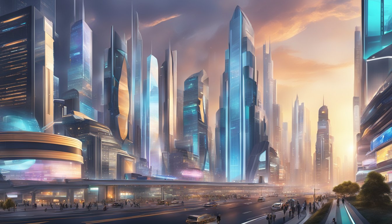 A bustling city with futuristic skyscrapers and digital billboards, symbolizing the modern world's fast-paced and technologically advanced nature