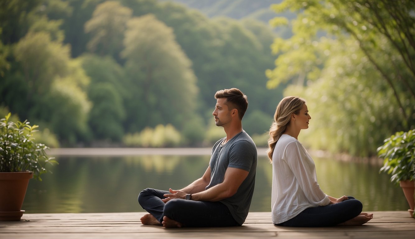 A couple sits facing each other, eyes closed, practicing mindfulness together. Their posture is relaxed, and the atmosphere is peaceful and serene