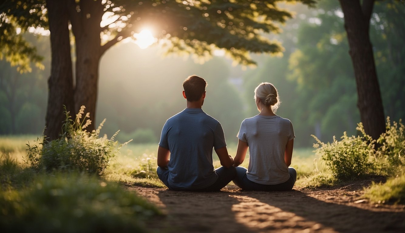 A couple sits facing each other, eyes closed, practicing mindfulness together. A serene atmosphere surrounds them, as they focus on developing emotional awareness