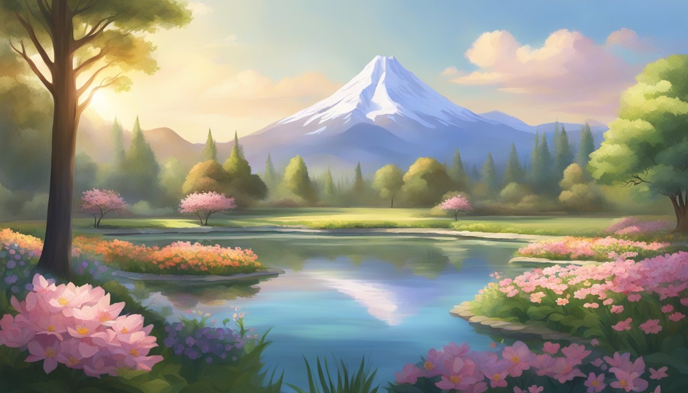 A serene, sunlit garden with blooming flowers and a tranquil pond, surrounded by ancient trees and a distant mountain peak