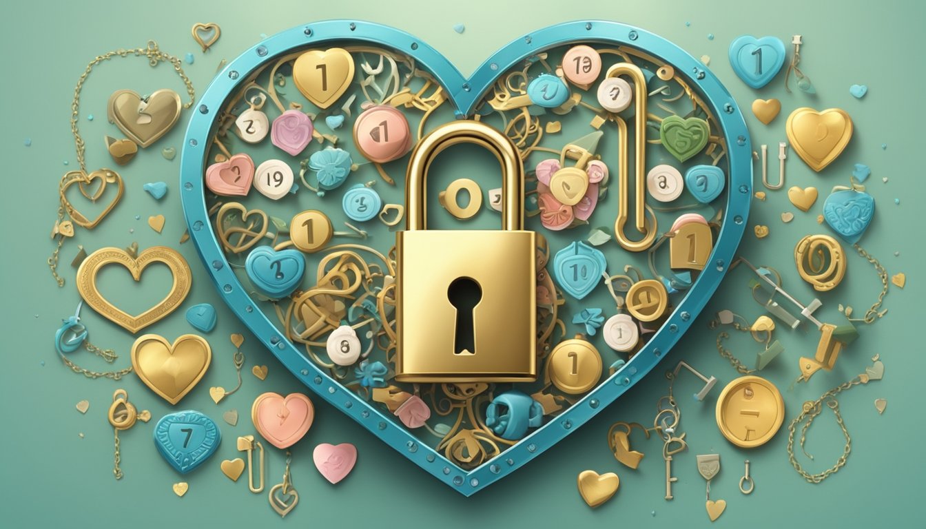 A heart-shaped lock with the number "1199" engraved on it, surrounded by symbols of love and relationships