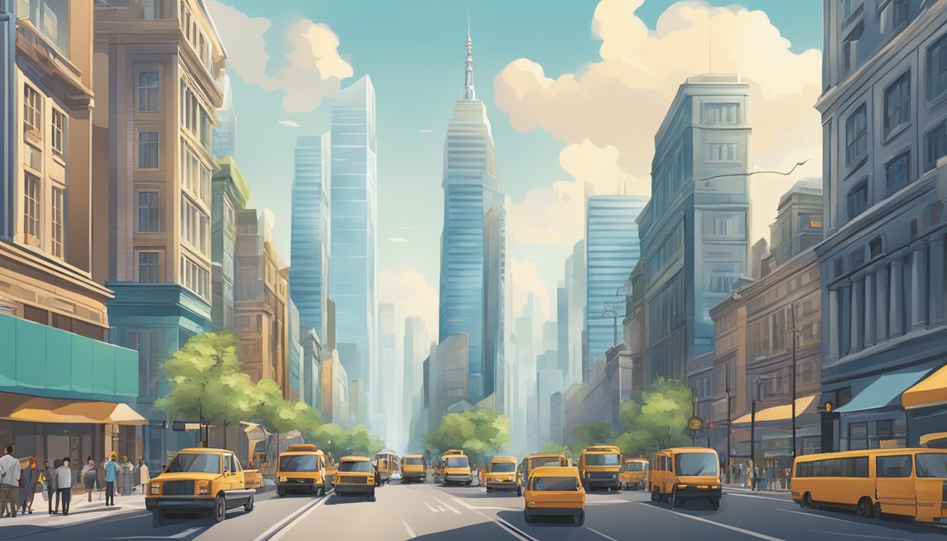 A bustling city street with towering buildings and bustling activity, symbolizing progress and significance