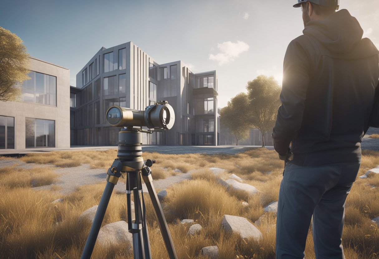 A surveyor measures land with a theodolite, while an architect designs a building using geometric shapes and angles