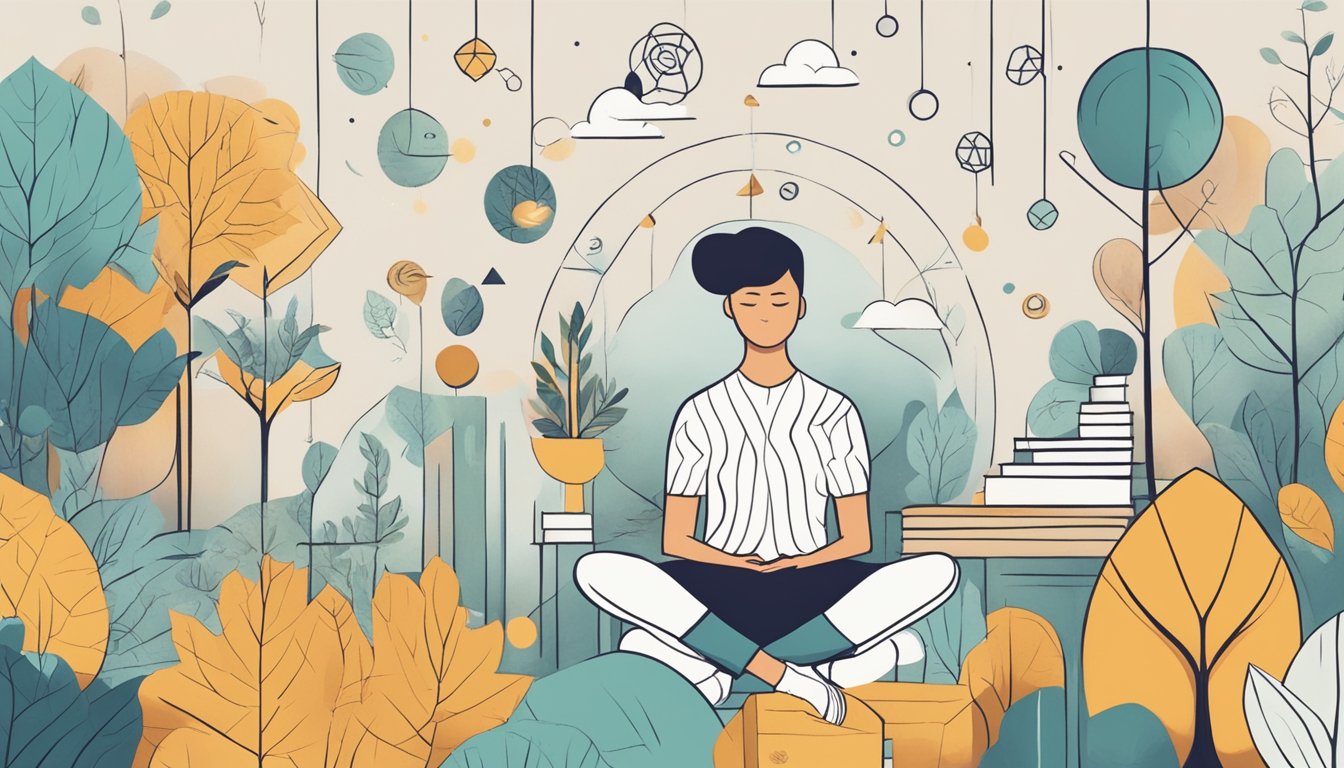 A person reflecting on personal growth and relationships, surrounded by symbols of growth and connection